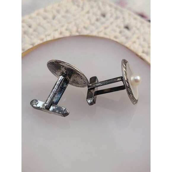 Sterling Silver Pearl Cufflinks Vintage Mother-of-Pearl 925 Men’s Formal Gift - Picture 3 of 5